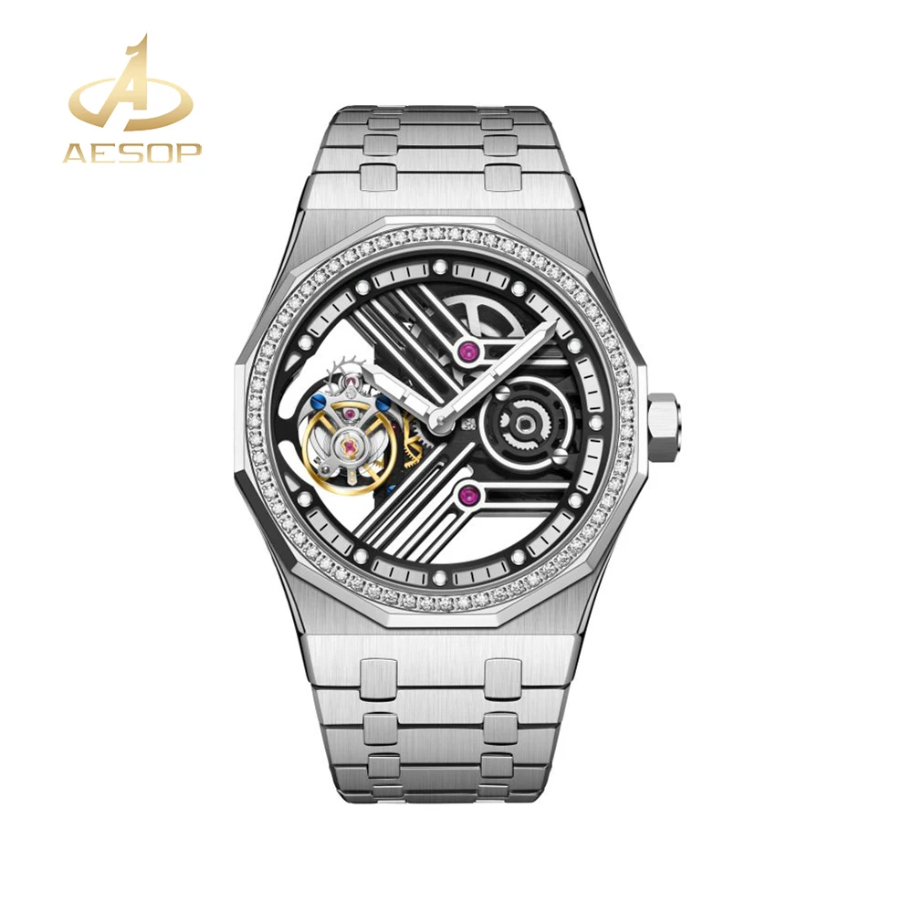 AESOP 2023 New Tourbillon Mechanical Skeleton Watch For Man Waterproof Watches Mens Octagon Watch Ring Sapphire Mirror Diamond A