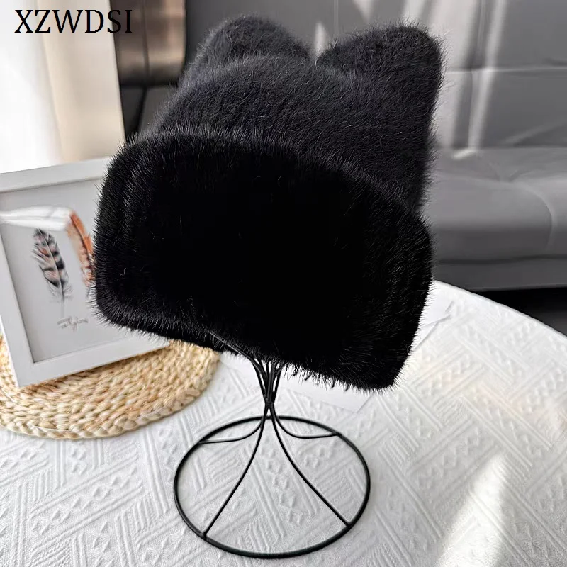 قبعة شتوية فاخرة للنساء من الصوف المحبوك الدافئ مع حواف من فرو المنك الحقيقي، بيع المصنع مباشرة للسفر