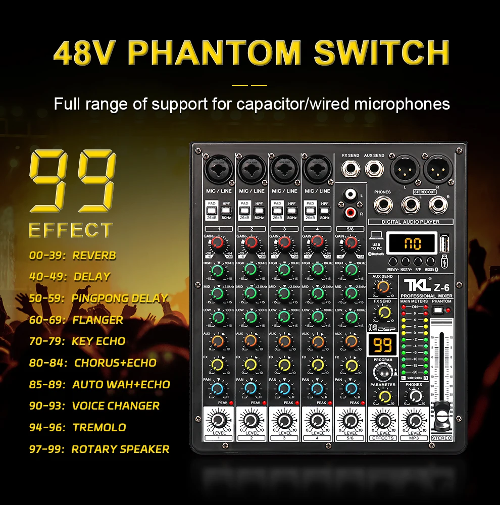 Imagem -02 - Console de Mistura Profissional Canais Equilíbrio 99dsp Bluetooth Interface Usb Palco Festa Familiar Tkl-z6