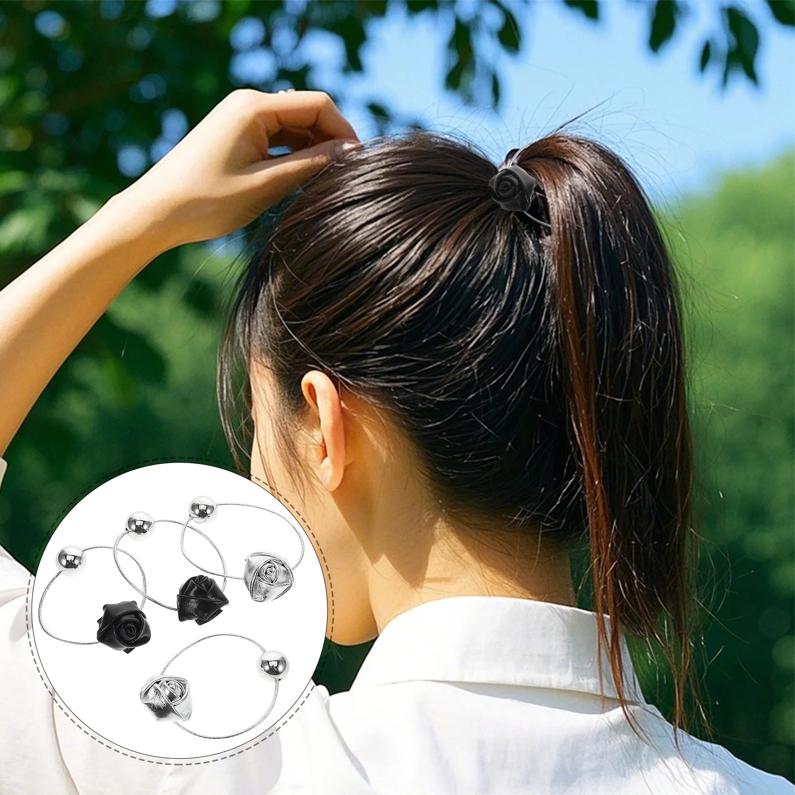 

4Pcs PU Rose Flowers Hair Ties Stretchy Elastic Ponytail Scrunchies Durable Hair Bands for Women Girls Accessories