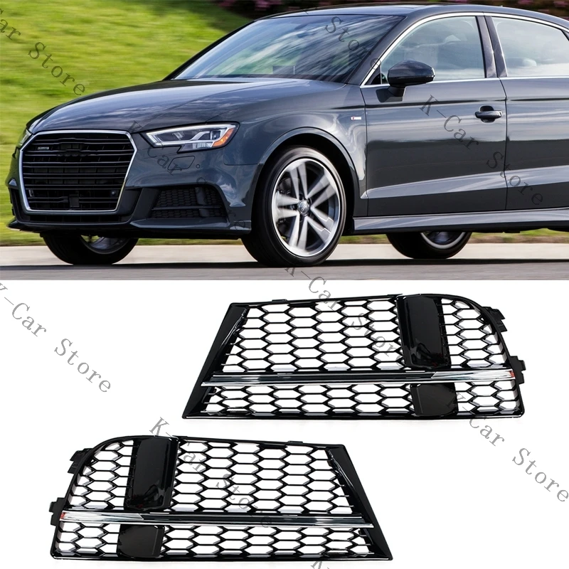 Car Front Bumper Fog Light Frame Cover Bezel Grille With Silver Strip Car Accessories For AUDI A3 8V S-LINE 2017 2018 2019