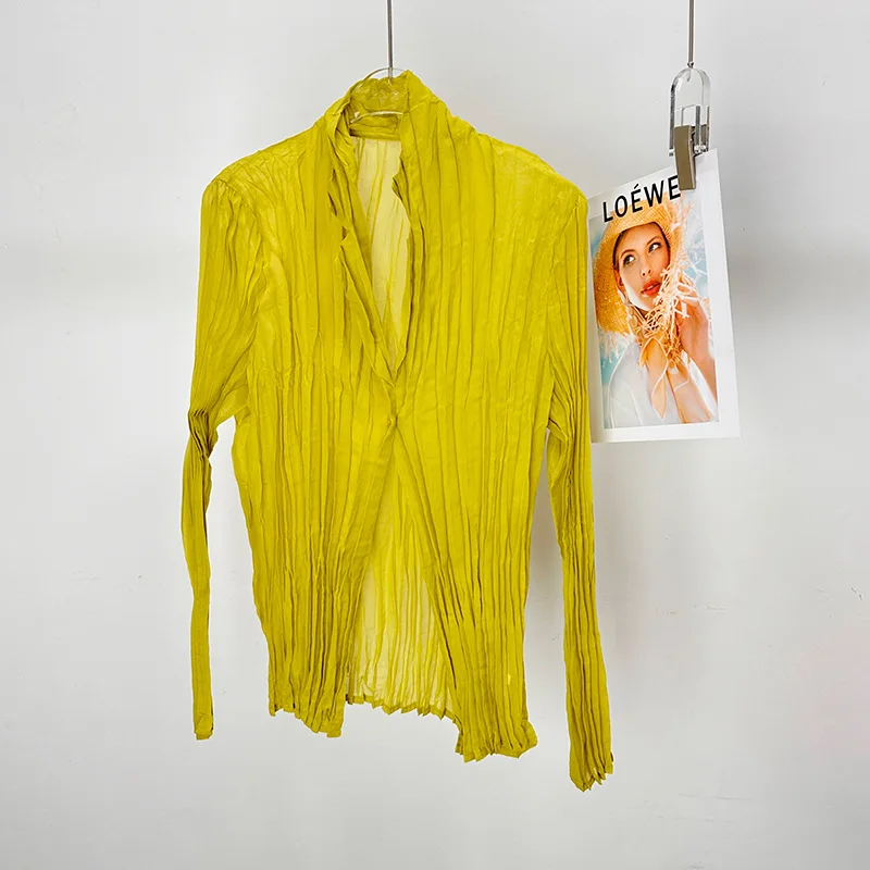 Miyake Single Button Design Cardigan Shirts for Women 2025 New Summer Lightweight Long Sleeve Sunscreen Clothing Chic view 5