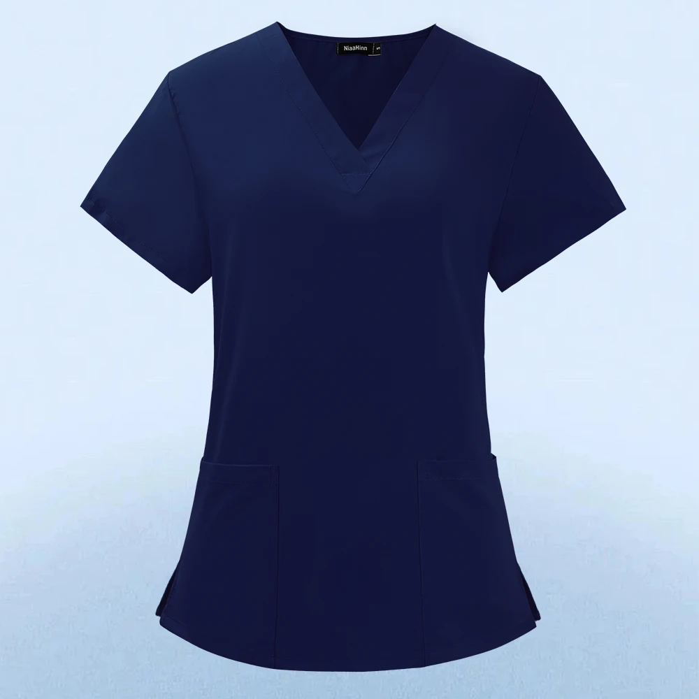 Effen Kleur Verpleegkundig Werk Scrub Dames Korte Mouwen V-Hals Kliniek Verpleegkundige Uniform Beschermende Kleding Verzorger Lab Tops