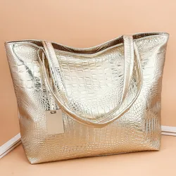 Bolsos de hombro informales para mujer, bolso de mano grande de cuero PU, de cocodrilo negro, dorado y plateado, de gran capacidad, a la moda