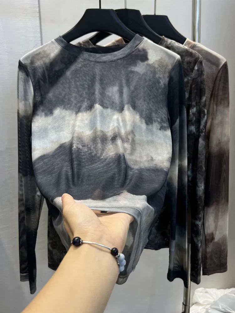 Summer Ultra-Thin Long Sleeve Tie-Dye T-Shirt Women's Retro Hong Kong Style Mesh Inner Sun Protection Shirt Base Shirt