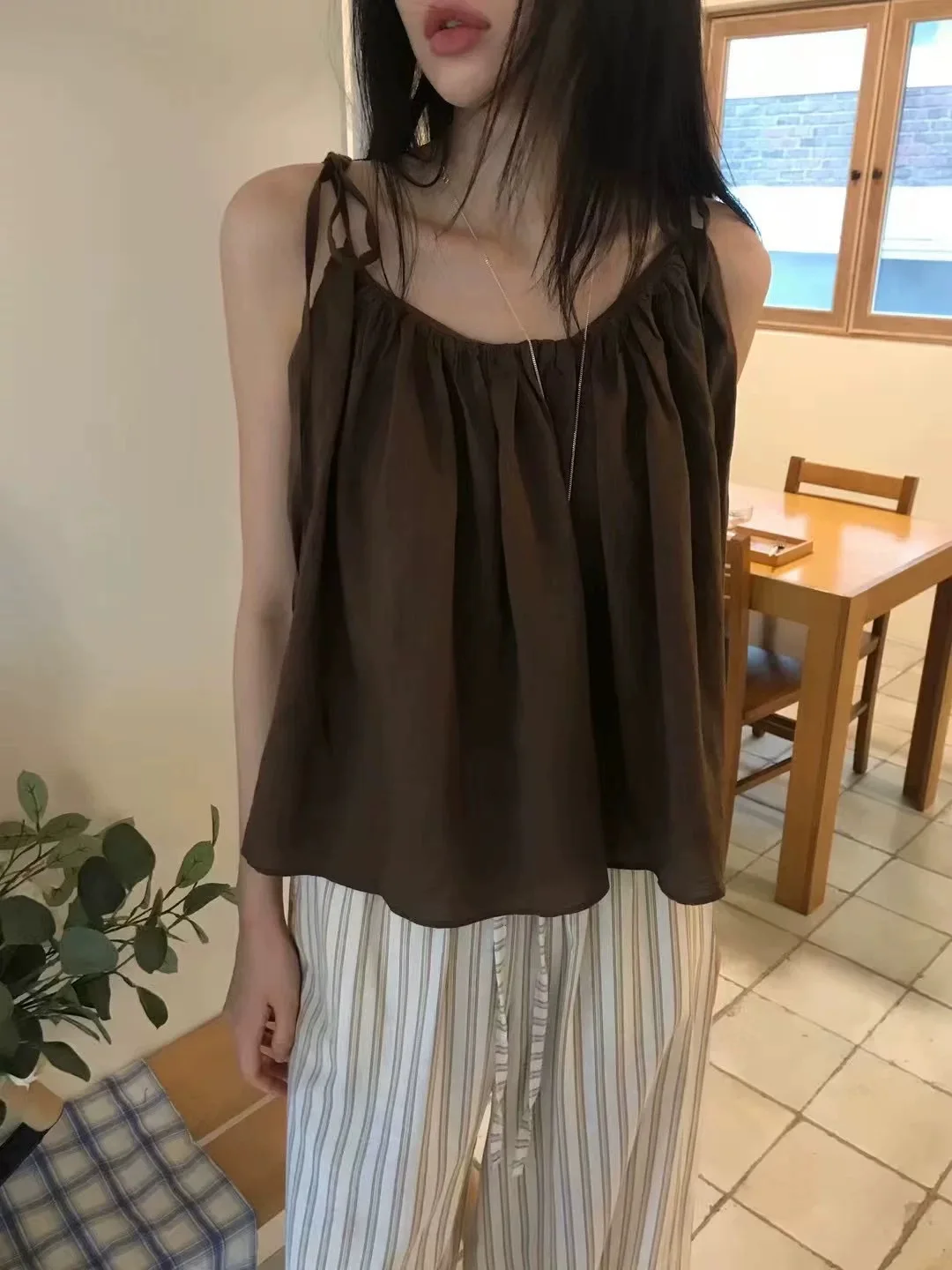 

Summer Chic Two-Piece Set Loose Feel Tank Top Strap + Dstring Stripe Casual Pants Women's ort Sve round Ne Faion Set