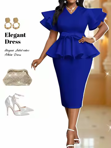 Royal Blue Peplum Dress with Ruffle Sleeves and Waist Tie for Evening Events