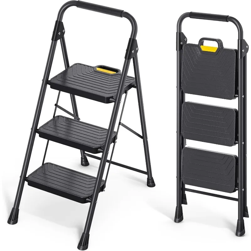 

3 Step Ladder, Sturdy Steel Step Stool with Anti-Slip Wide Pedals, Handrail, Safe-Lock Design, Pass 800lbs L