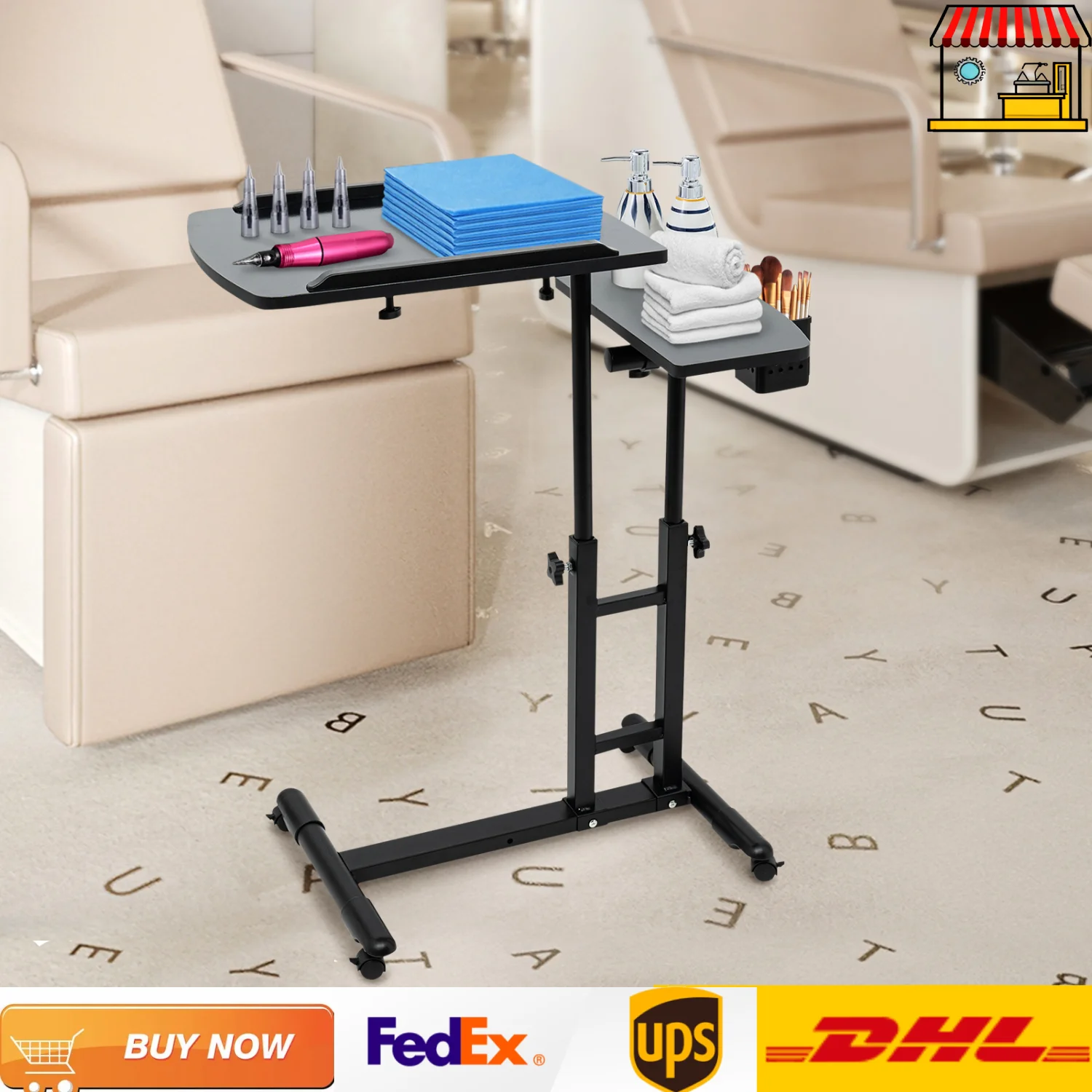 Portable Tattoo Workbench, Adjustable Height 57.5-90cm, 12.5kg Load-Bearing, Black Iron & Density Board Table