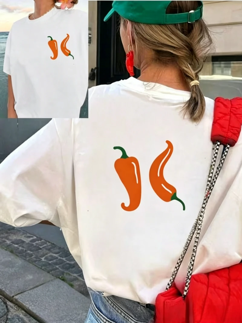 Chili Pepper Print T-shirt Women Casual Loose Streetwear Daily Wear Cute Double Sided Red Orange Hot Graphic Short Sleeve Tops