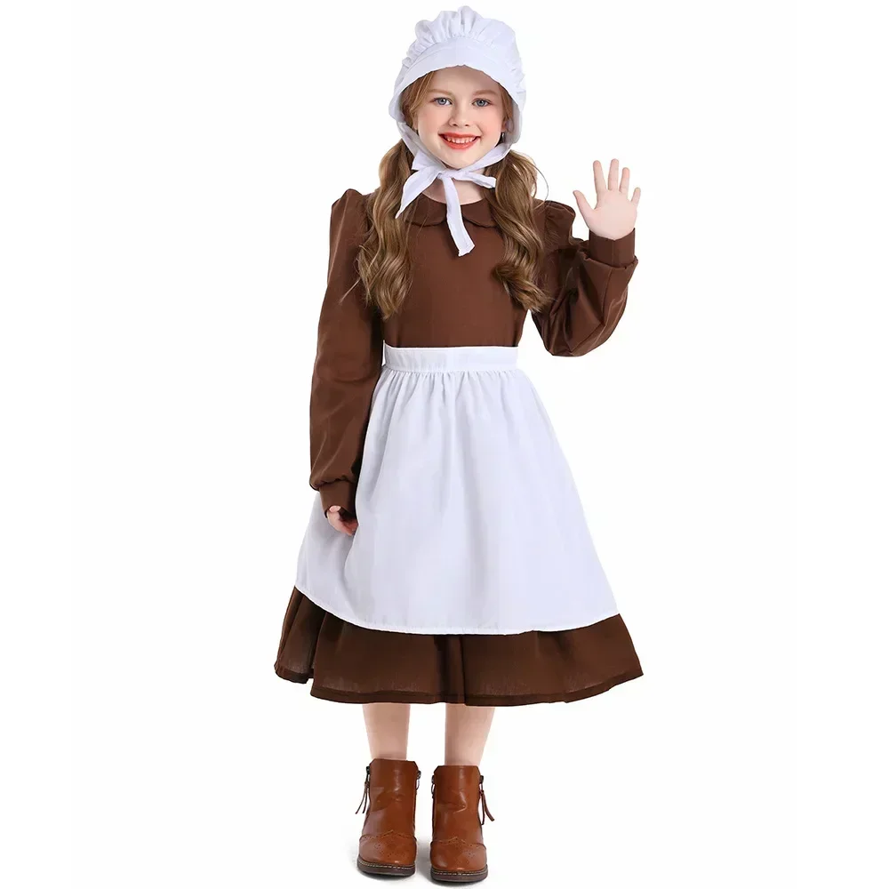 Village Farm Pioneer Prairie Kids Poor Clothes Cosplay Costumes Cinderella Maid Dress image 5
