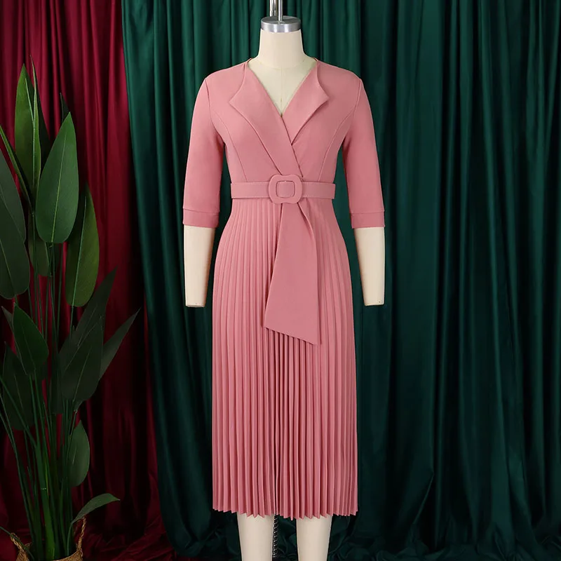 

Elegant Fashion Office Lady Pleated Dress Women Half Sleeve Notched Collar High Waist Workwear Club Party Long Dresses with Belt