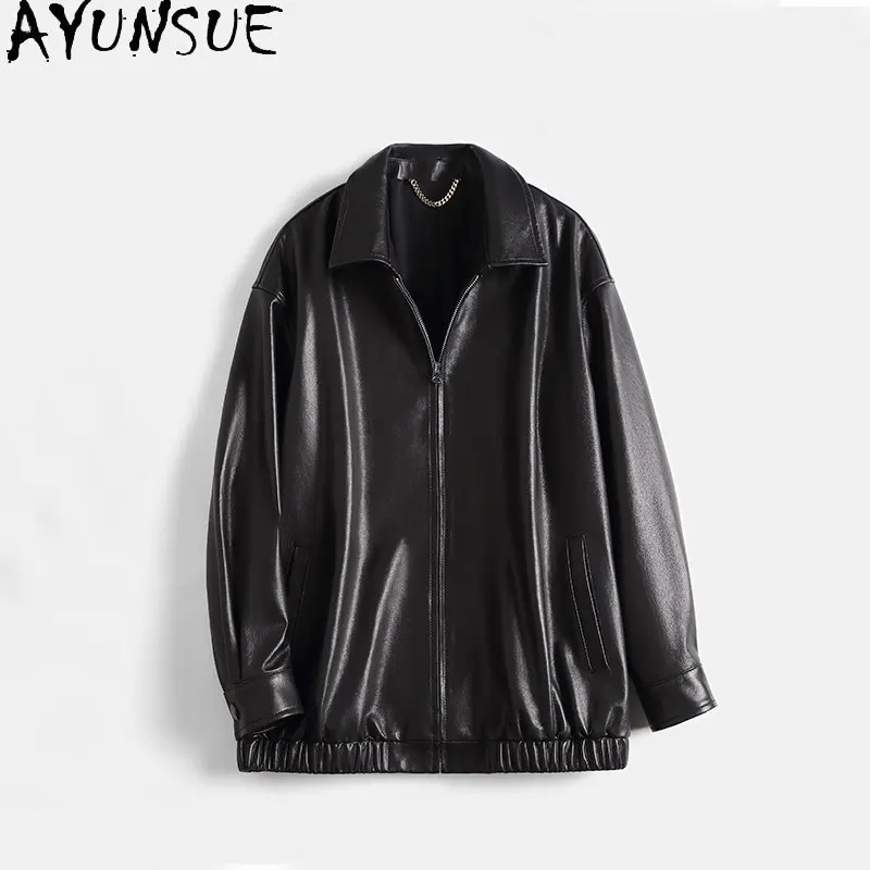 AYUNSUE Genuine Sheepskin Leather Jacket Mulheres 2023 Real Sheepskin Coat Mulheres Mid-length White Leather Jackets para Mulheres Vintage