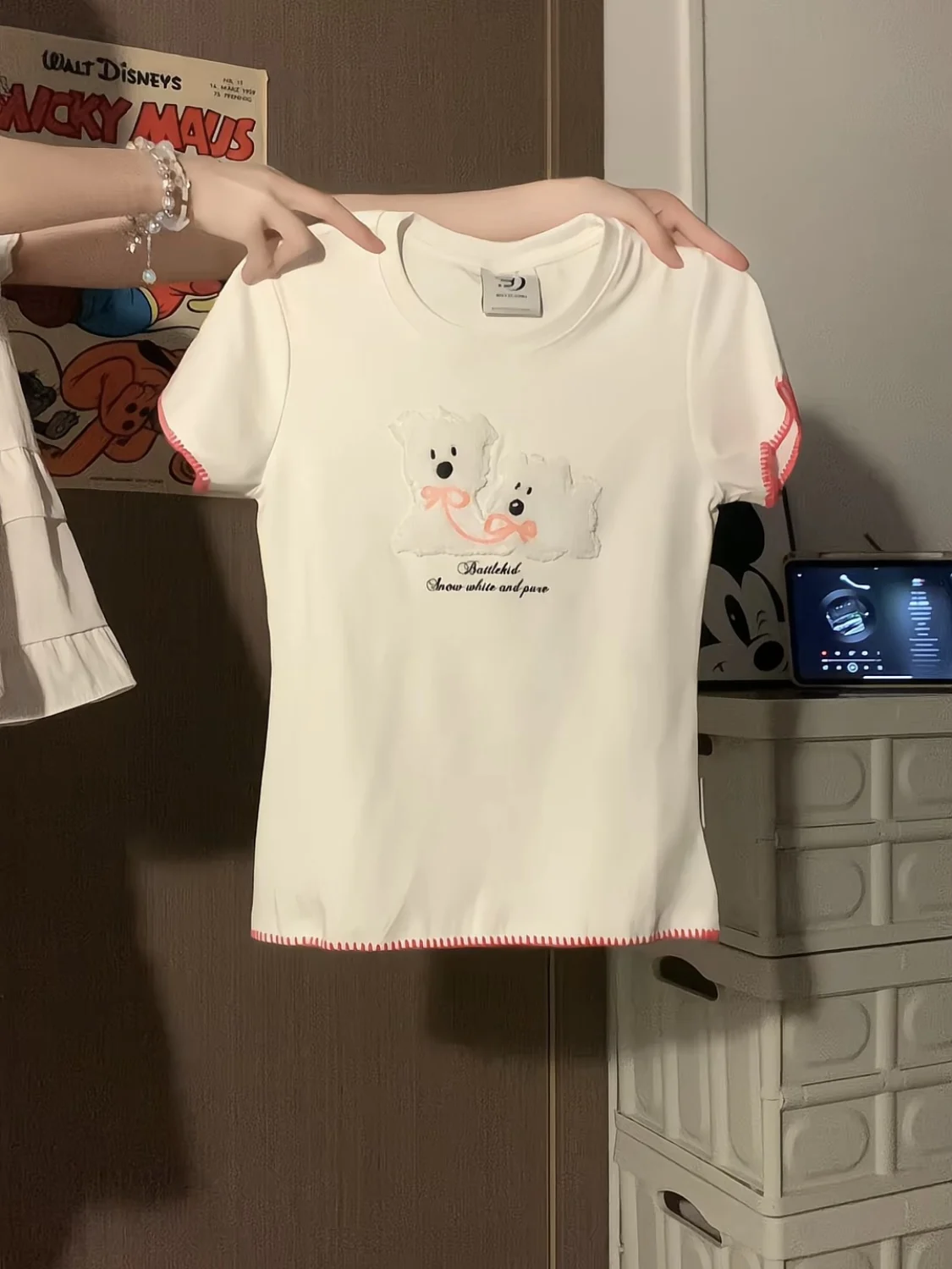 

Cute Little Dog Embroidery ort Sve T-irt oulder Width Regular Fit Cotton Youthful Summer Slimming Versatile ort Sle