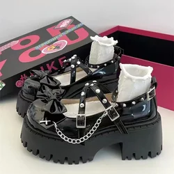2025 New Women's Shoes Ankle Straps Womens Pumps Platform Women Leather Bows Mary Jane Punk Gothic Chunky Heel Chaussures Femme