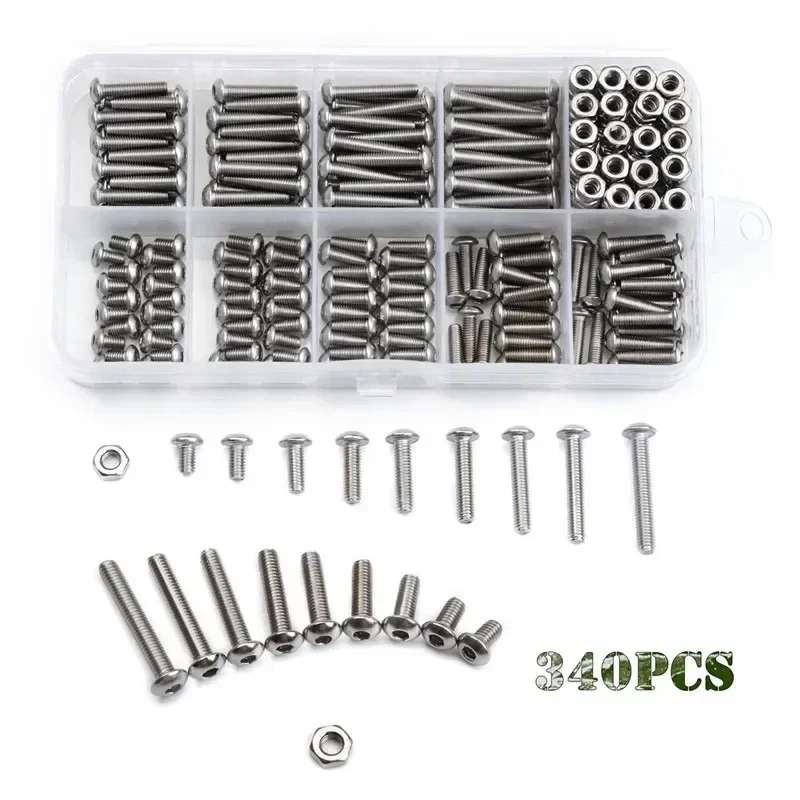 170/230/340PCS Stainless Steel Hex Socket Screws Nut Set - M3/M4Size - For Furniture, Car, and Construction with Box