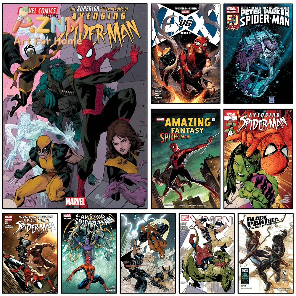 Marvel Avenging Spider‑Man Comic Canvas Print, Superhero Comic Cover Graphic Art Poster, Frameless Canvas Wall Picture for Man