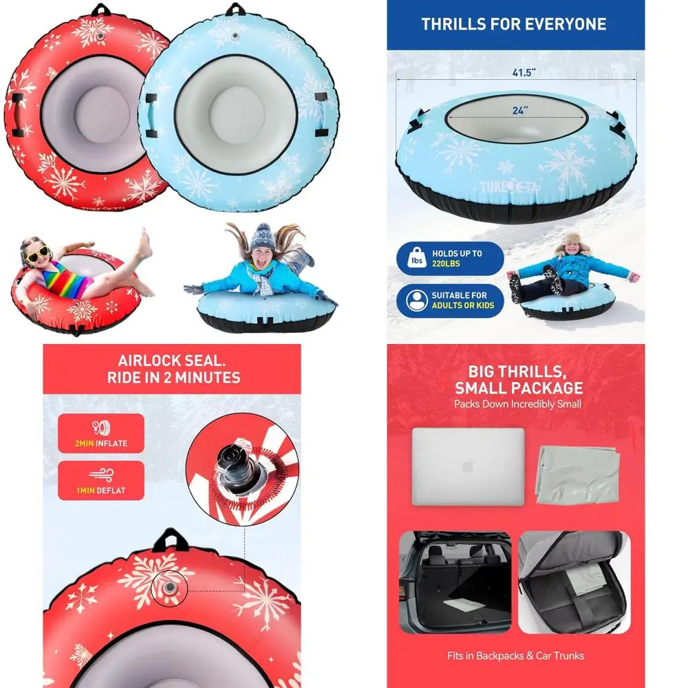 

Heavy-Duty PVC Snow Tubes for Adults, 1 or 2-Person Inflatable Sleds with Canvas Handles, Tow Strap and Repair Kit, Ideal for Wi
