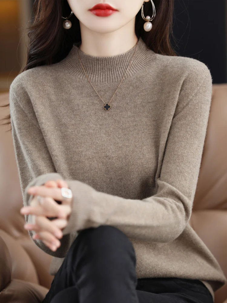 Fashion 100% Merino Wool Sweater Women's Mock-Neck Knitwear Cashmere Pullovers Autumn Winter Long Sleeve Jumpers Clothing Tops