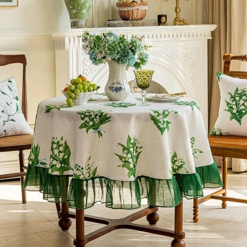 Green Leaves Print Round Tablecloth Polyester Cotton Boho Table Cloth with Lace for Kitchen Restaurant Party Decoration Cover