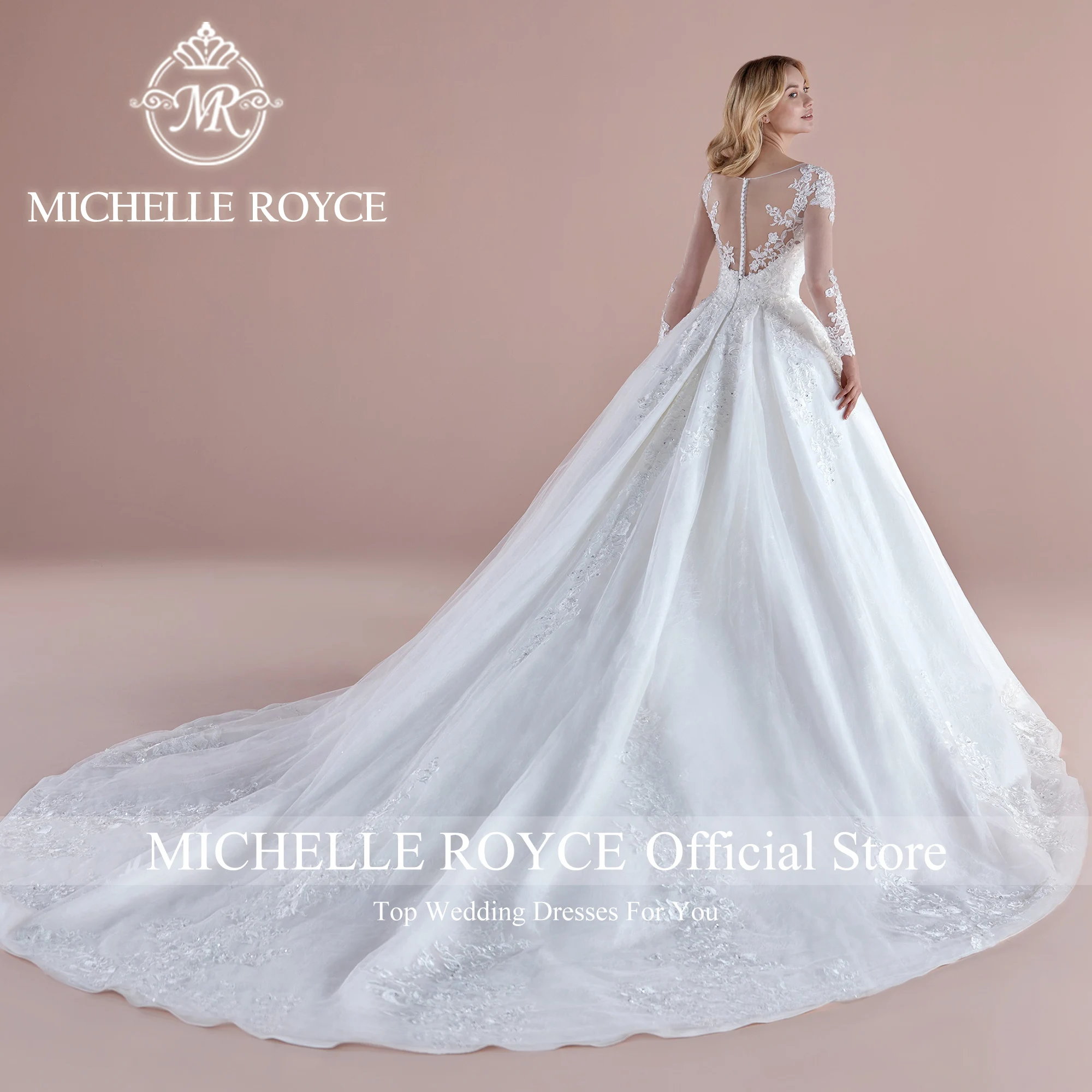 Michelle Royce Ball Gown Wedding Dress Sexy Elegant SCOOP Semi-Transparent Long Sleeve Charming Wedding Gown Vestidos De Novia