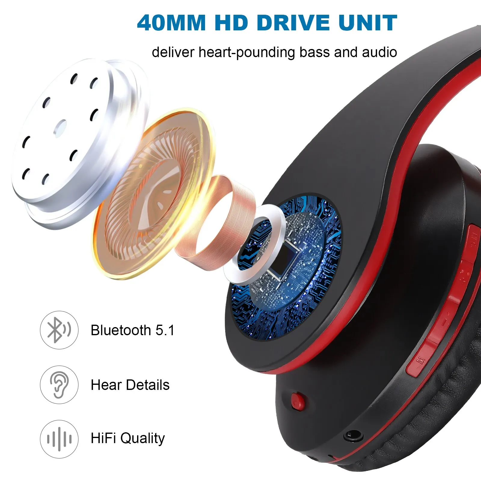 Siindoo Headphone JH-812, Headset nirkabel dapat dilipat Stereo BT5.1, Headset musik FM dan mendukung kartu SD dengan Mic untuk ponsel PC TV