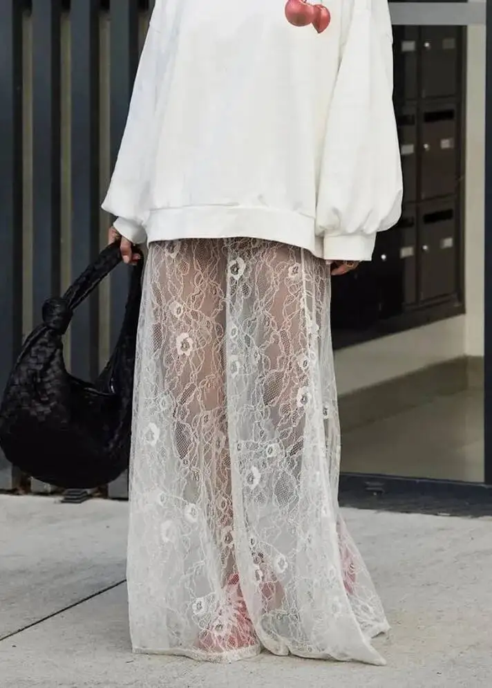 Sexy Perspective Lace Skirts Mid Length Fashion 2025 Autumn Hollow Out Bottom A-Line Skirt Temperament Women Clothing Mesh 0LB8