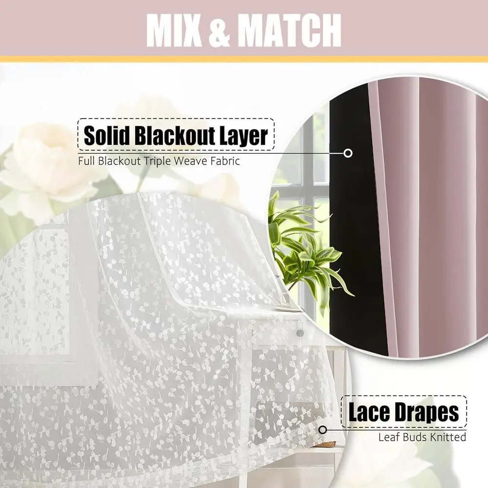 Gorden Transparan Renda Pink & Putih dengan 2 Panel Blackout, 100% Penghalang Cahaya, 52x84, Model Grommet