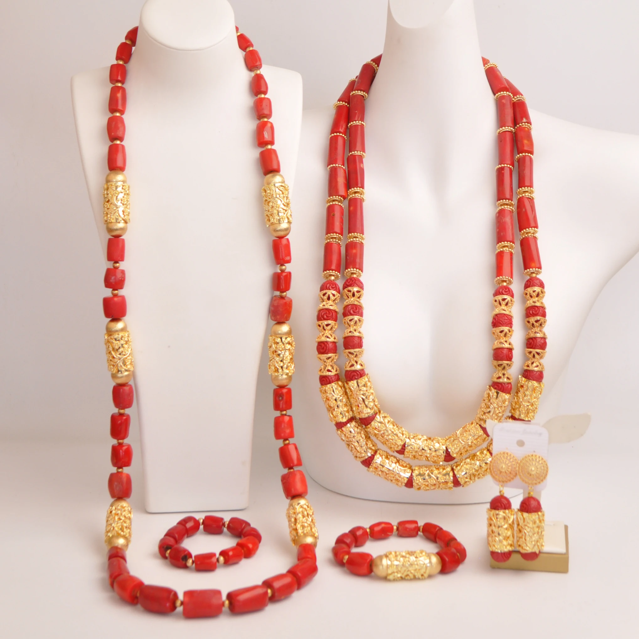 

High Quality Real Red Coral Bead Couple Jewelry Set Nigerian Wedding African Beads Jewelry Set