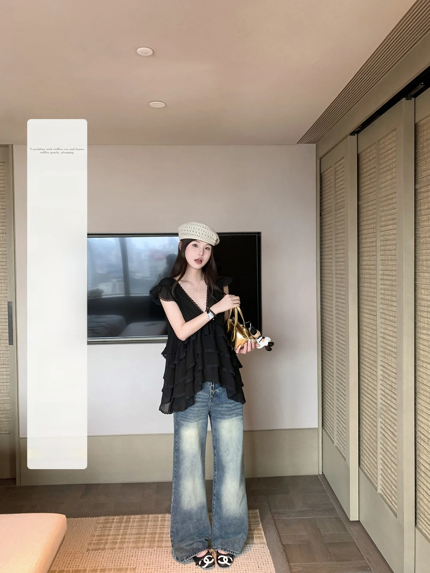 

Черная шифоновая рубашка с V-образным вырезом, женская летняя элегантная свободная блузка без рукавов из полиэфирного волокна Anneshop в корейском повседневном стиле