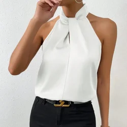 Women's Satin Sleeveless Vest Summer Solid Color Halter Top Off-the-shoulder Sexy T-shirt Professional Women's Office Shirt