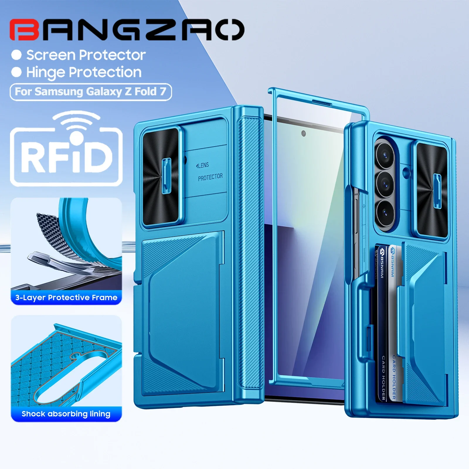 

RFID-кошелек для Galaxy Z Fold 7, с держателем для карт, защитой вала, крышкой камеры, противоударным силиконовым защитным чехлом-голубой