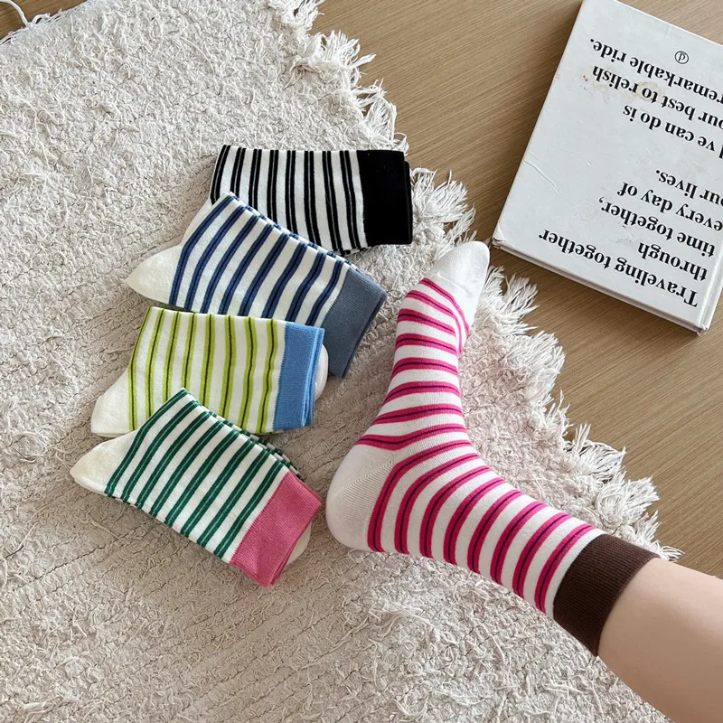 5 Pairs Ladies' Socks Set Korean Striped Simple Casual Preppy Style Versatile Mid Tube Socks Comfort High-quality Cotton Socks