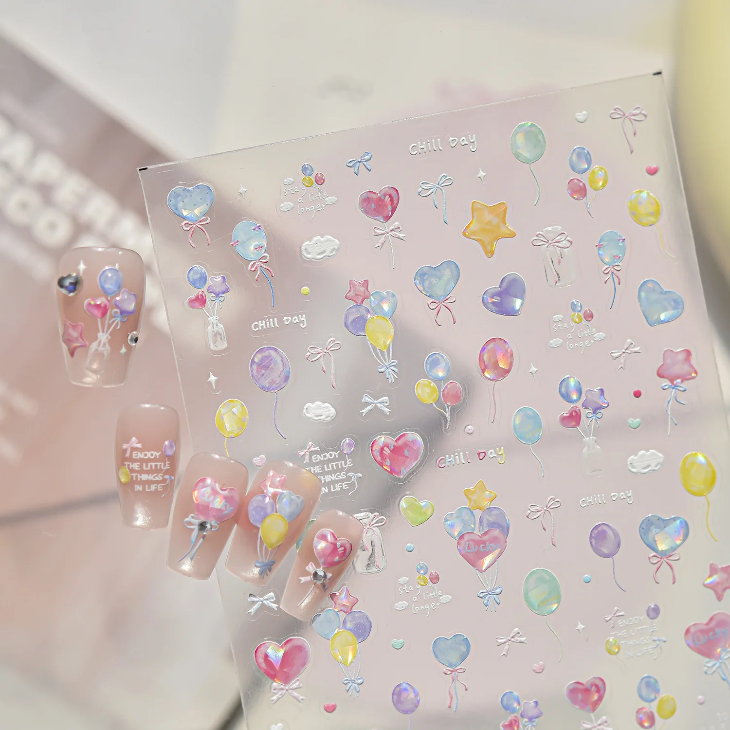 Shiny Balloon Floating Cloud Star Love Heart Bow 5D Nail Art Sticker Embossed Dreamy Self-adhesive Nail Art Decor for Women DIY