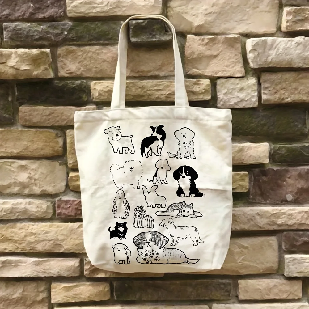 Minimalist Puppy Sketch Canvas Tote Bag Multi Dog Breed Print Reusable Shopping Shoulder Casual Gift Handbag