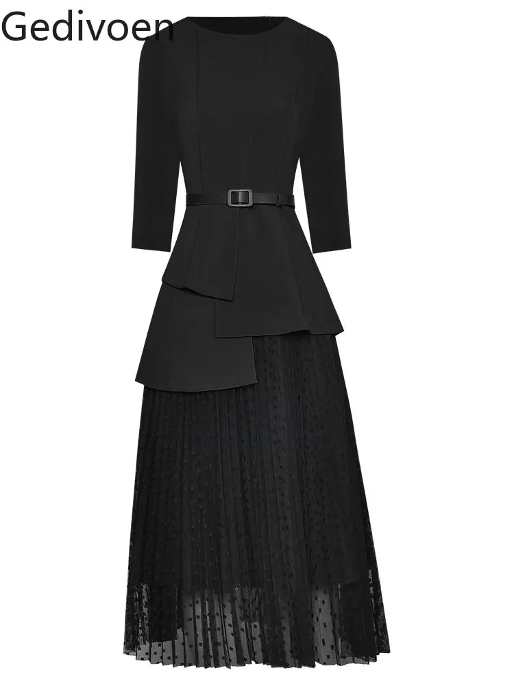 Gedivoen Fashion Designer dress Autumn Winter Women Dress Three quarter Sleeves Belted Patchwork Slim Lady Balck Dresses