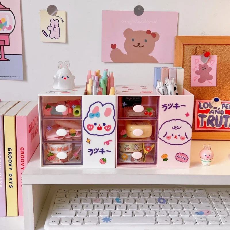 

Cute Pen Holder Storage Organizer Boxes with Drawer Cosmetic Rack Kawaii Desk Accessories Girls Office School Desktop Stationery