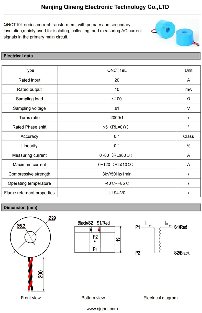 Hochpräziser Stromwandler QNCT20L 50A 25mA 100A 50mA 1:2000 20A 10mA 40A 20mA AC Toroidaler CT Stromsensor – Detail 3