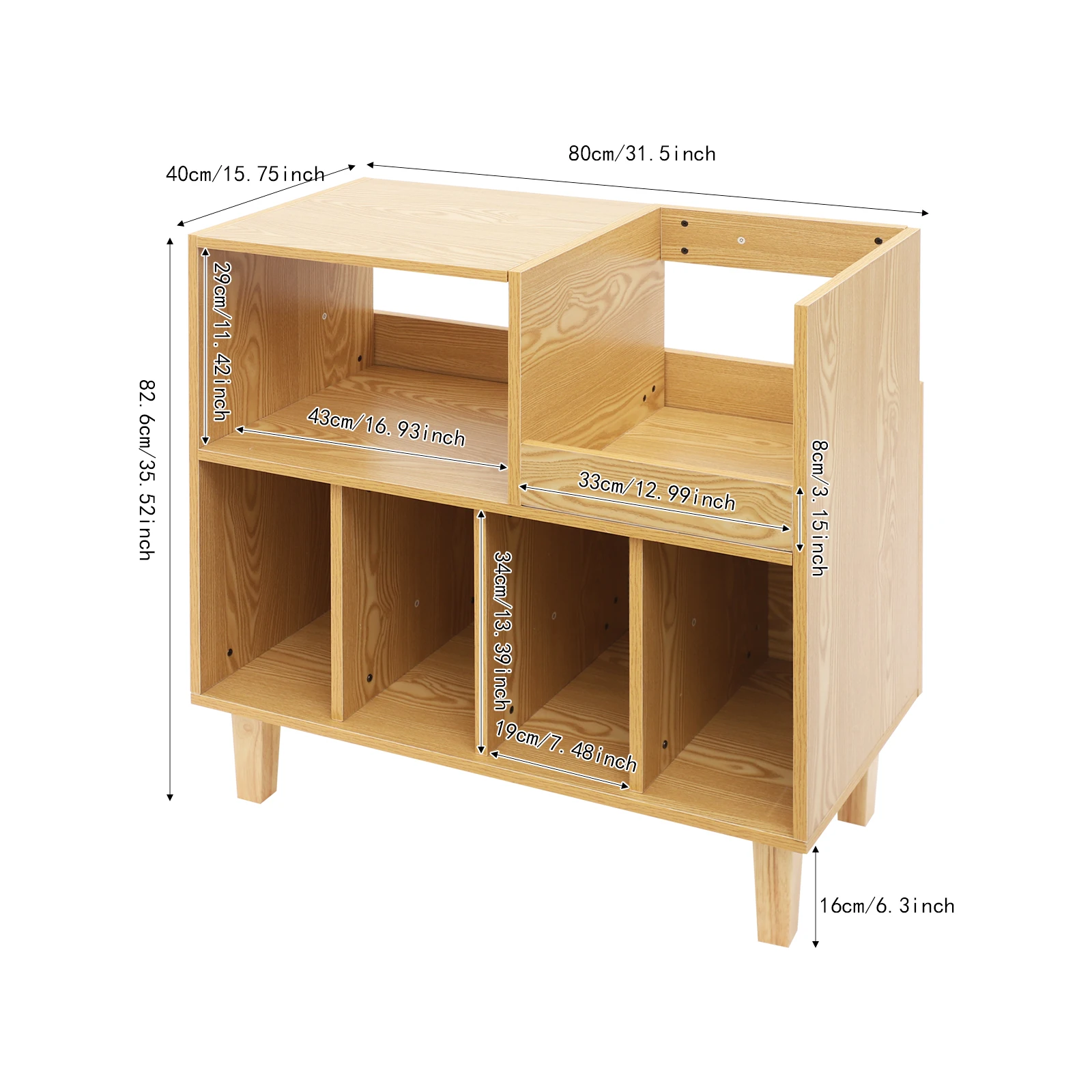 Plattenspielerständer, mehrschichtiges Holz mit 6 Fächern, 45 kg Tragkraft, erhöhter Sockel, 82,5x80x40 cm, für Vinyl-LP-CD-Wiedergabegeräte – Detail 3