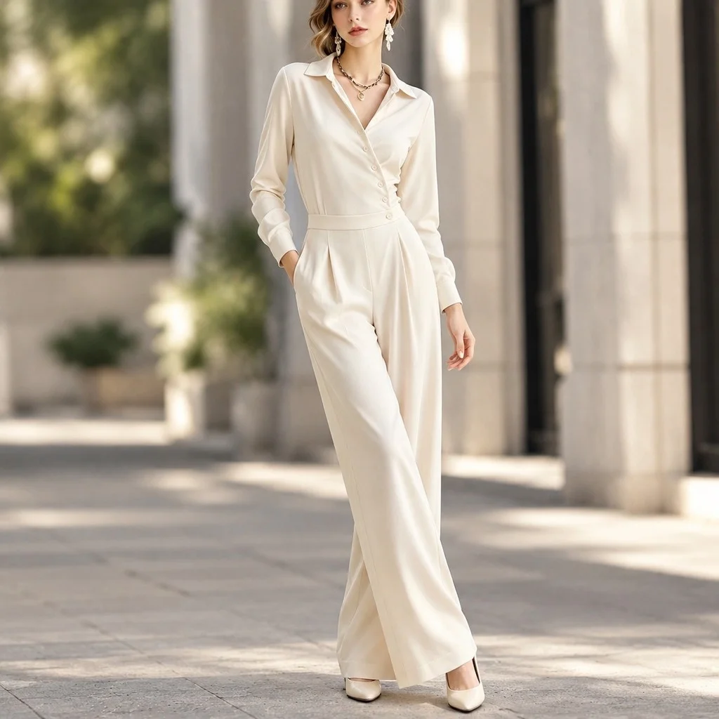 Casual Pants Long Pants Middle Waist Fresh Sweet with Long Sleeves Medium Stretch Autumn Simple Style Mid Season Women Jumpsuit