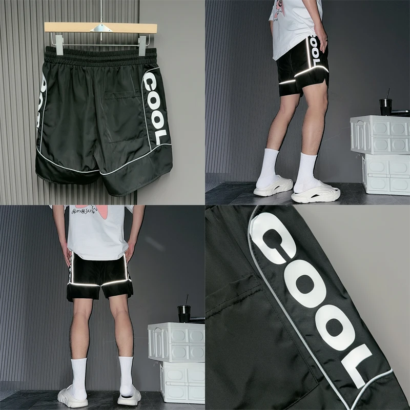 Polyester Fabric Reflective Webbing Strip V-shape Shorts Cool Letter Label Men Women Hip Hop Loose Drawstring Casual Shortpant