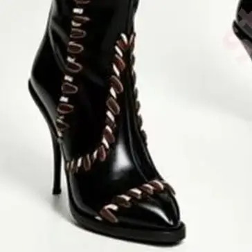 Women Pointed Toe Mid Calf Boots 2026 New Glossy Contrast Stitch Decor Slim High Heel Retro Western Style Party Dress Boots