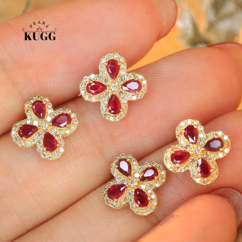 

KUGG серьги из 100% желтого золота 18 карат, роскошный дизайн, блестящие бриллианты, натуральный рубин, серьги с драгоценными камнями для женщин, высокие свадебные украшения