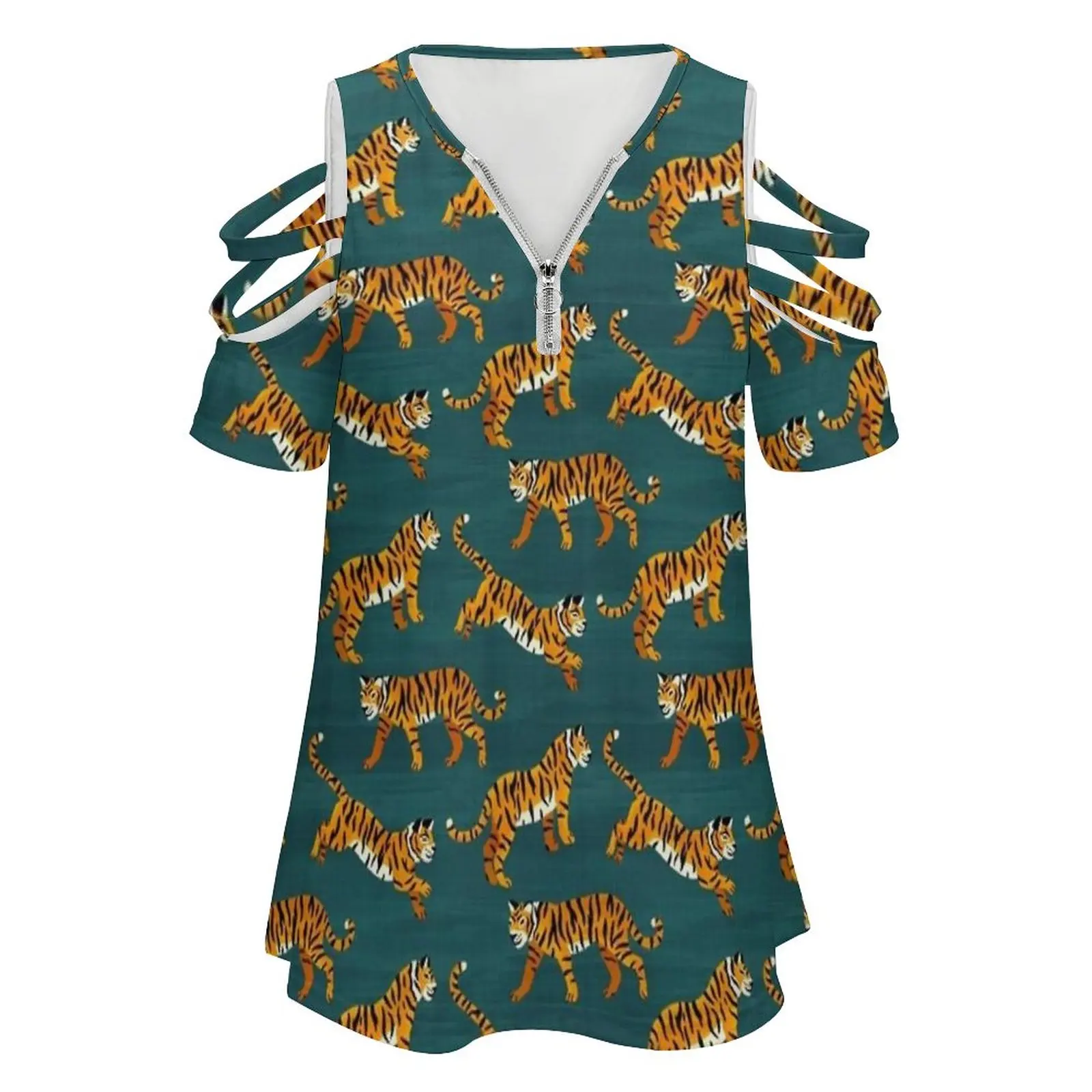Bengal Tigers-Navy Women's T-Shirt New Fashion Printed Zipper V-Neck Short Sleeve T Shirts Casual Plus Size Tigers Teal Orange