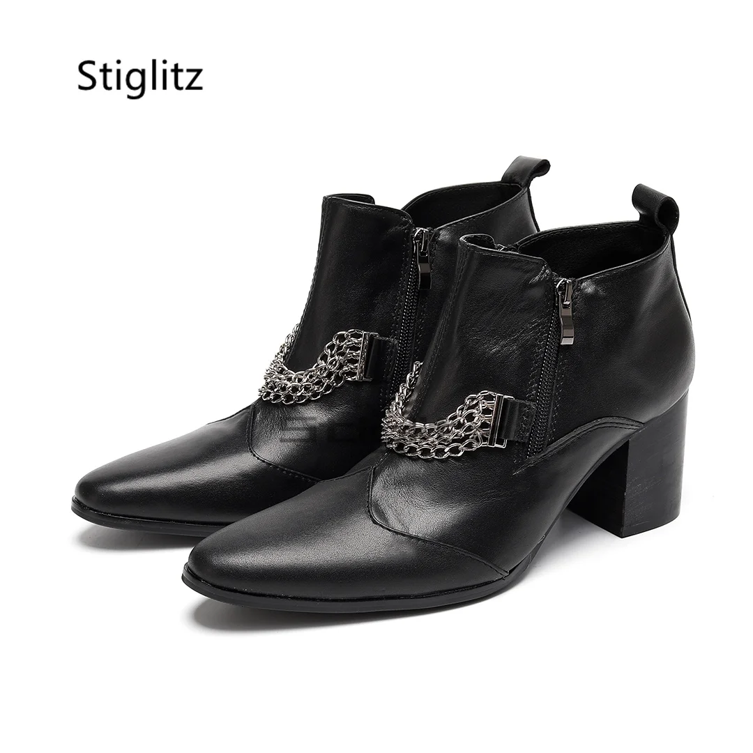 Genuine Leather Chain Boots for Men Black White High Heels Chelsea Boots Pointed Toe Side Zip Ankle Boots Business Male Shoes