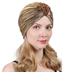 New Women Diamond Muslim Indian Turban Pleated Glitter Shiny Bonnet Chemo Cap Headwear Hijab Hair Loss Hat Cover Headscarf Wrap