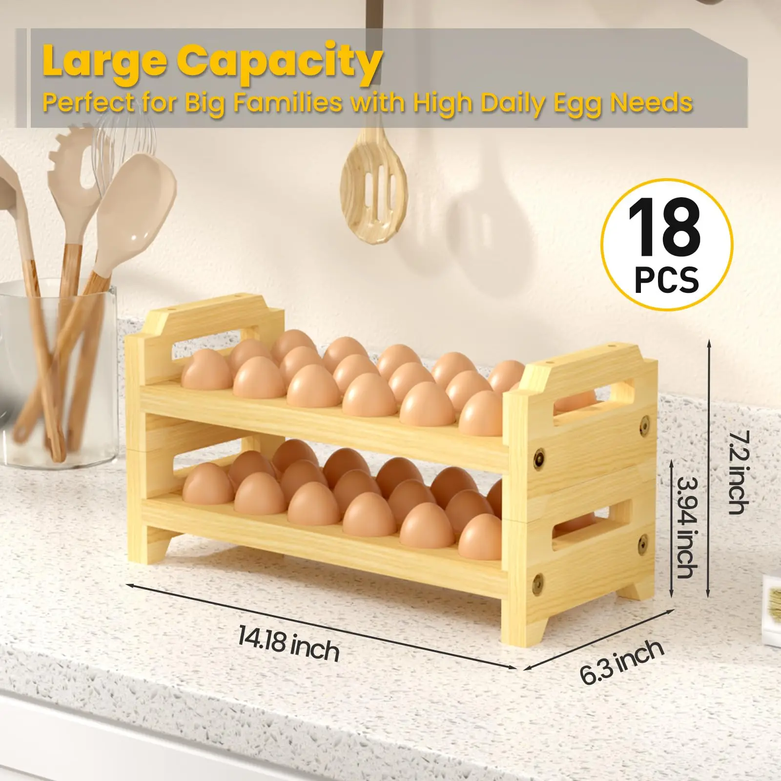 Egg Holder Countertop, 2 Tier Stackable Wooden Egg Holder for 36 Eggs, Egg Stand with Handle for Kitchen Organizer, Fits Quail, Duck, Turkey, Chicken Eggs