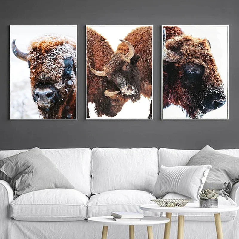 Bison Poster Modern Animal Snow Cow Wall Art Picture Buffalo Hunting Canvas Painting Print Living Room Home Decoration Cuadros