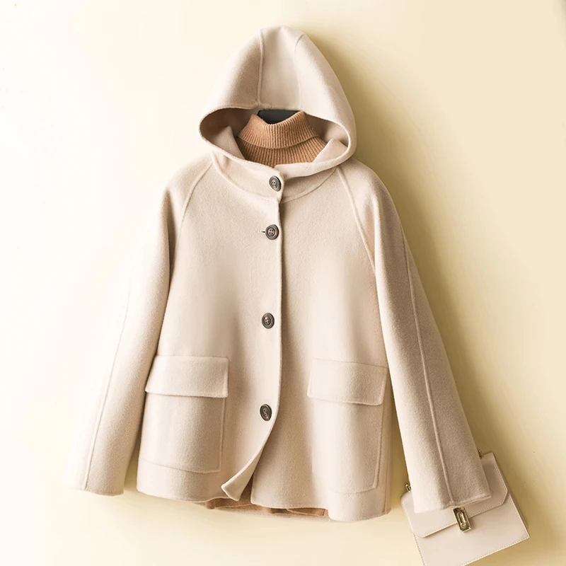 Female Double-Sided Cashmere Hooded Small Coat Woolen Pure Wool Short Coats Small Autumn And Winter Women\'s Top