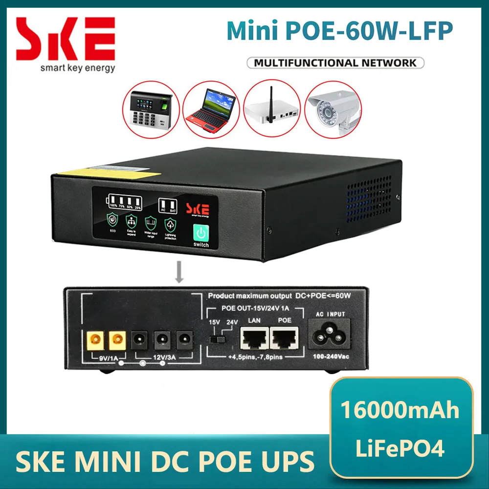 16000mAh LiFePO4 Battery SKE Mini UPS POE UPS 60W Portable Uninterrupted UPS Output DC POE For Digital Device wifi Router CCTV